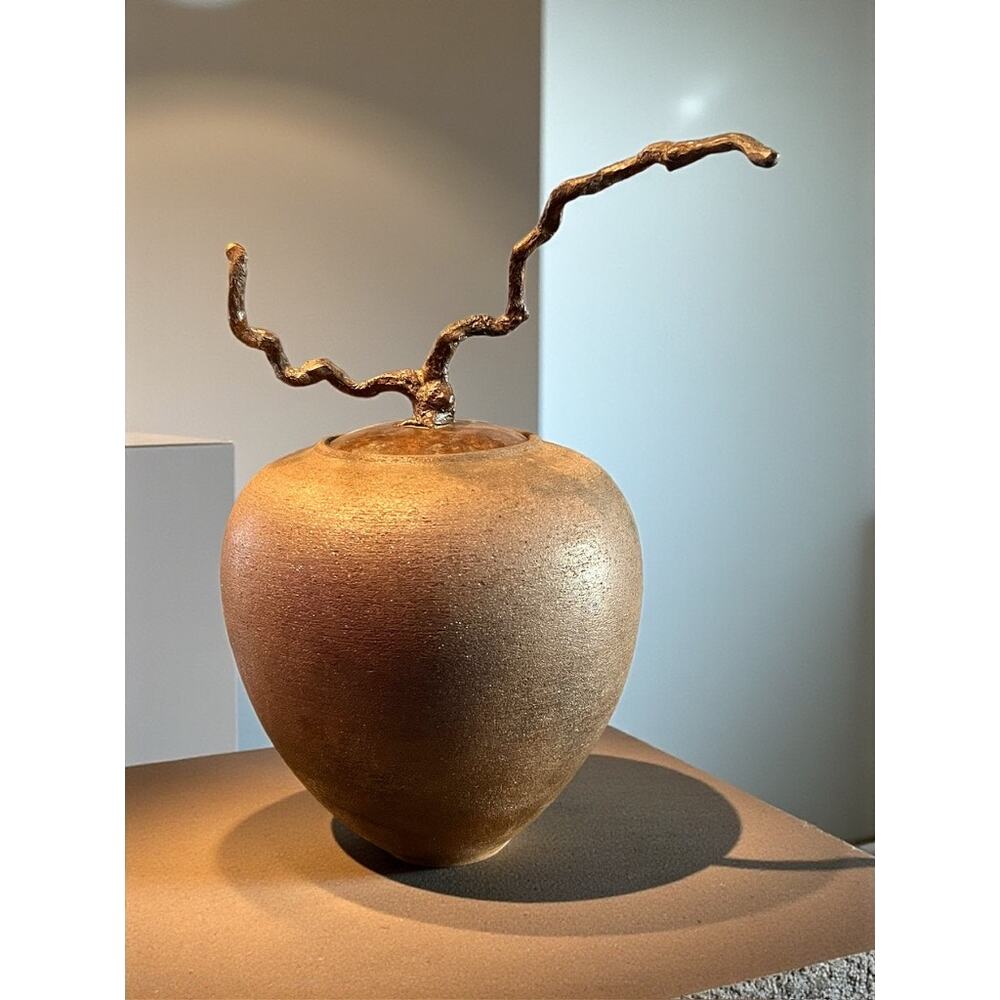 Carol Green Studio Pottery Lidded Jar-Bronze Vine Finial-Art-Raku Clay-Wabi Sabi